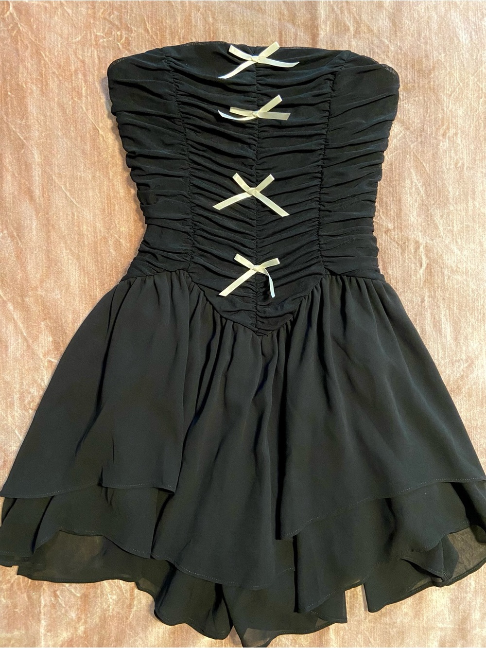 Windsor Black Strapless Ruched Skater Dress with Cream Bow Details